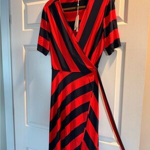 Elegant Striped Wrap Dress - Red and Navy